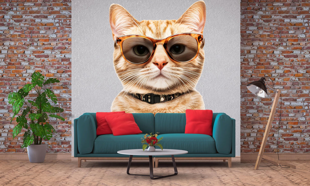 Cat Wall Decal With Glasses, Funny Cat Wall Sticker, Cool Cat Wall Art, Animal Wall Decor, Cat Lover Gift, Modern Pet Wall Decor, 017gm