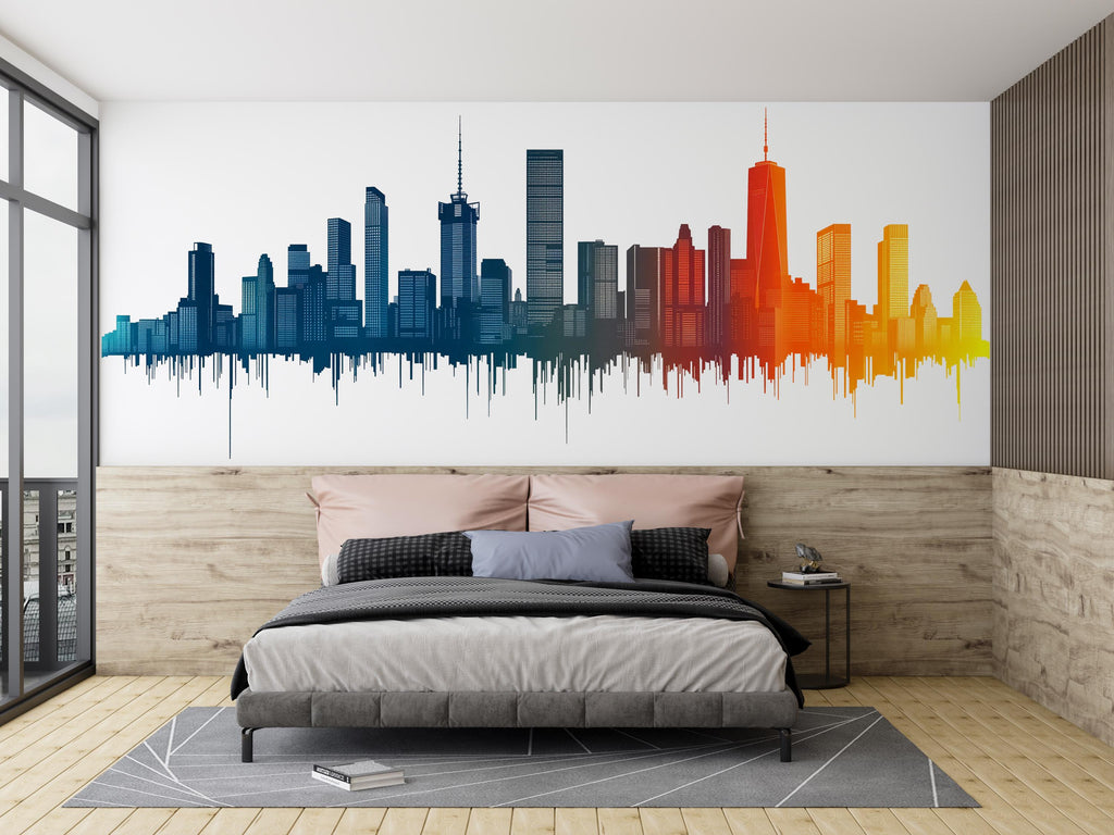 City Skyline Wall Decal, Modern City Wall Art, Skyline Wall Sticker, Urban Wall Decor, Cityscape Wall Decal, Modern Bedroom Wall Art, 018gm