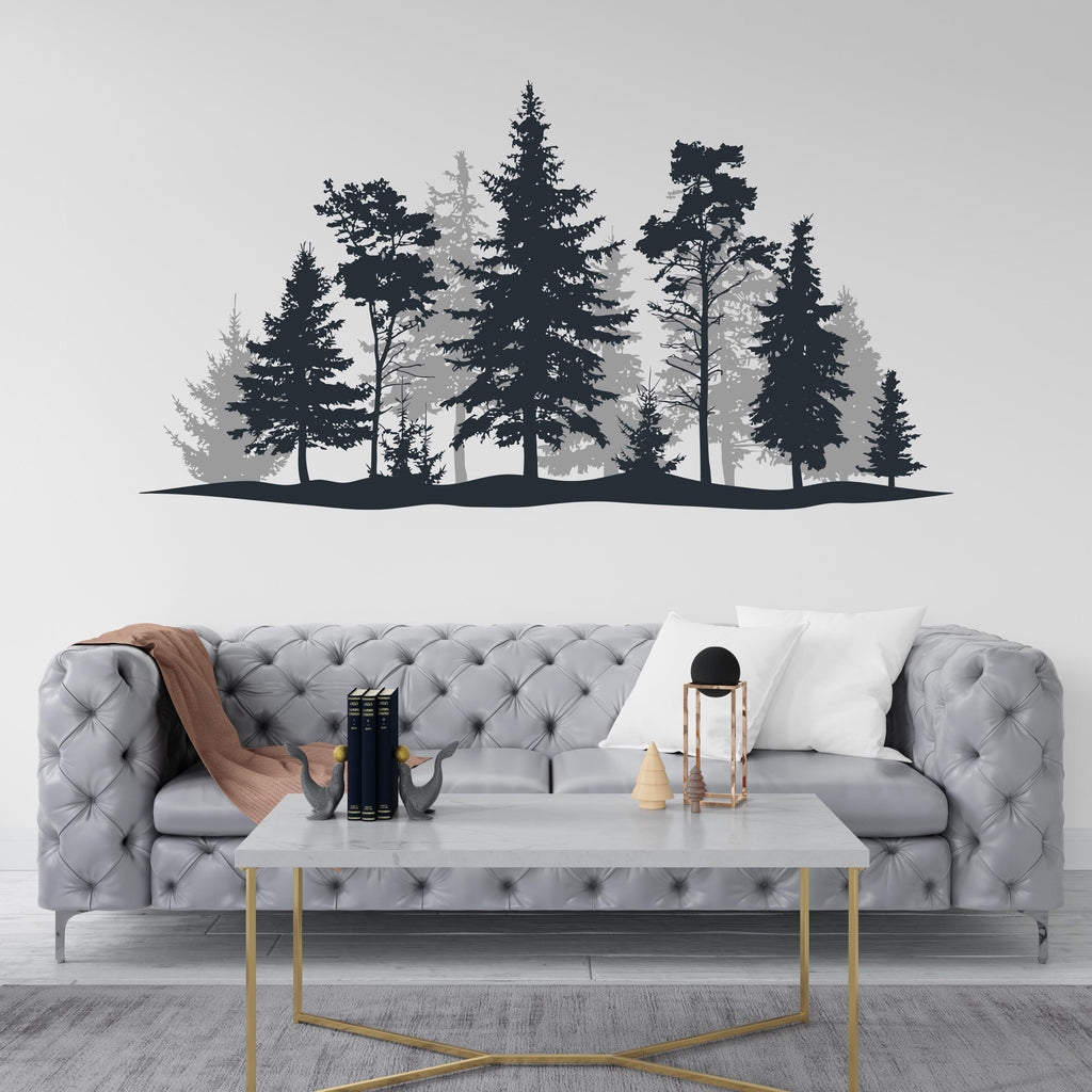 Evergreen Forest Wall Decal – Pine Tree Landscape – Teal & Navy Blue Silhouette Art – Nature Mural – Modern Woodland Decor 765LU