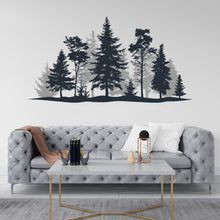 Load image into Gallery viewer, Evergreen Forest Wall Decal – Pine Tree Landscape – Teal &amp; Navy Blue Silhouette Art – Nature Mural – Modern Woodland Decor 765LU