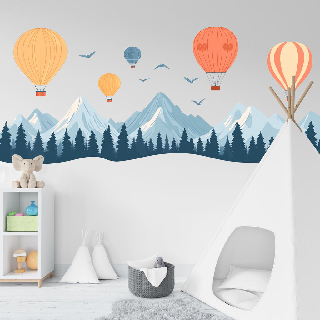 Mountain Nursery Wall Decal, Hot Air Balloon Wall Sticker, Kids Wall Decal, Nursery Wall Art, Adventure Decor, Mountain Wall Decor, 020gm
