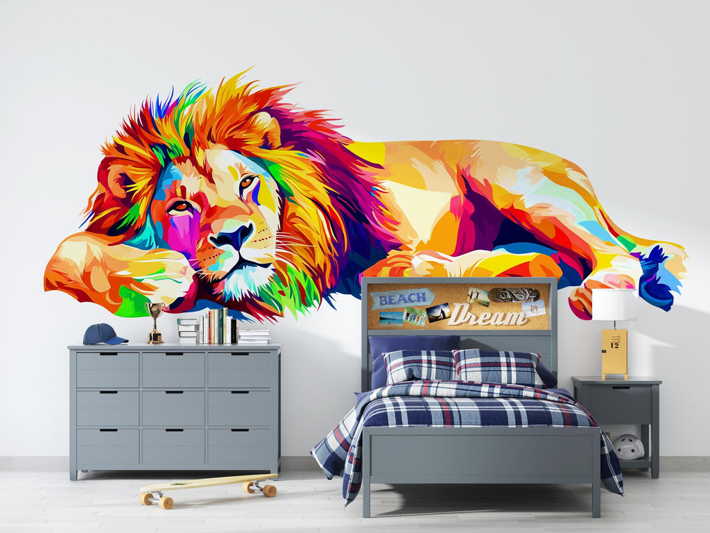 Colorful Lion Wall Decal, Lion Wall Art, Rainbow Lion Wall Sticker, Modern Animal Wall Decor, Lion Wall Decor, Safari Animal Wall Art, 034gm