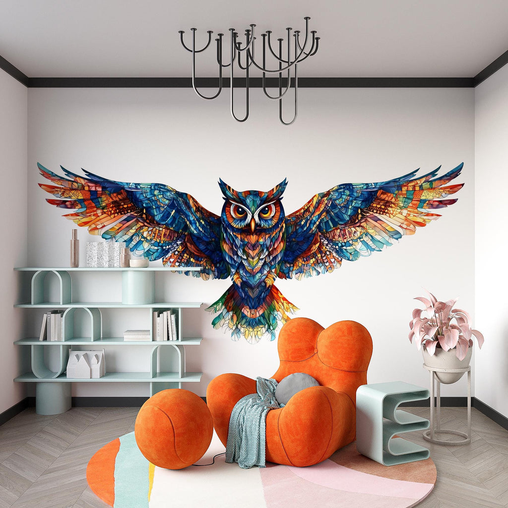 Colorful Owl Wall Decal, Flying Owl Wall Art, Owl Wall Sticker, Modern Animal Wall Decor, Rainbow Owl Wall Art, Wildlife Wall Decal, 037gm