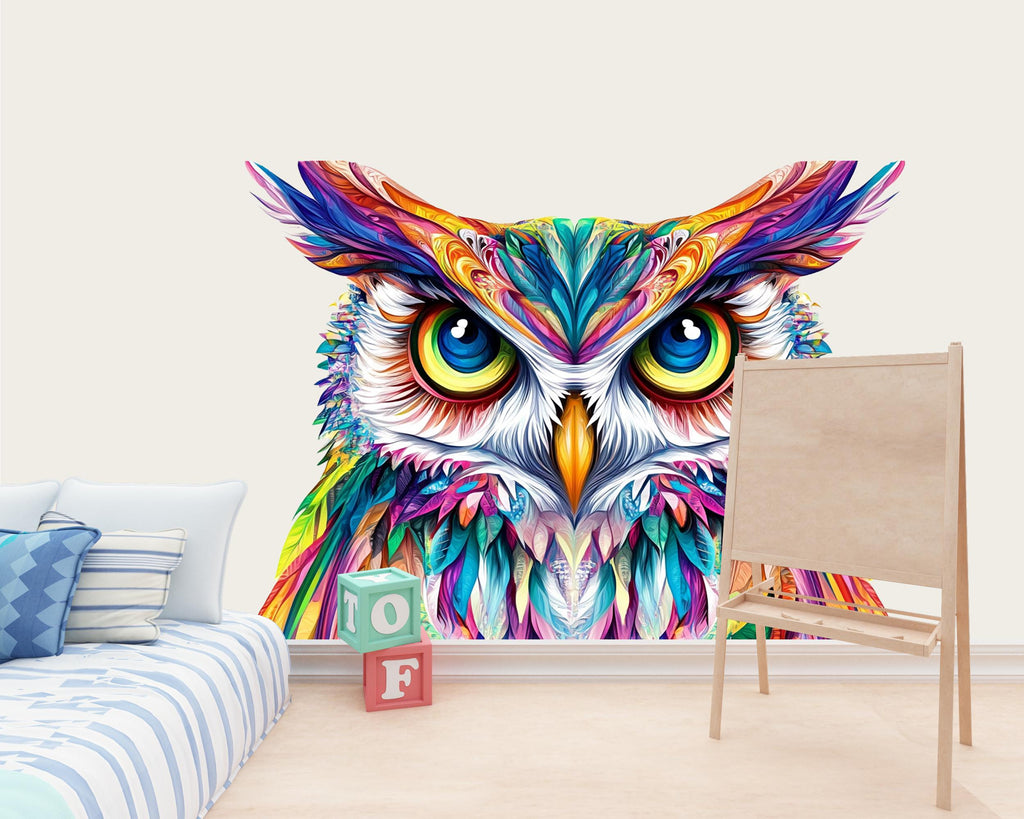 Colorful Owl Wall Decal, Owl Wall Sticker, Large Owl Wall Art, Kids Room Wall Decal, Nursery Animal Wall Decor, Boho Owl Mural, 038gm