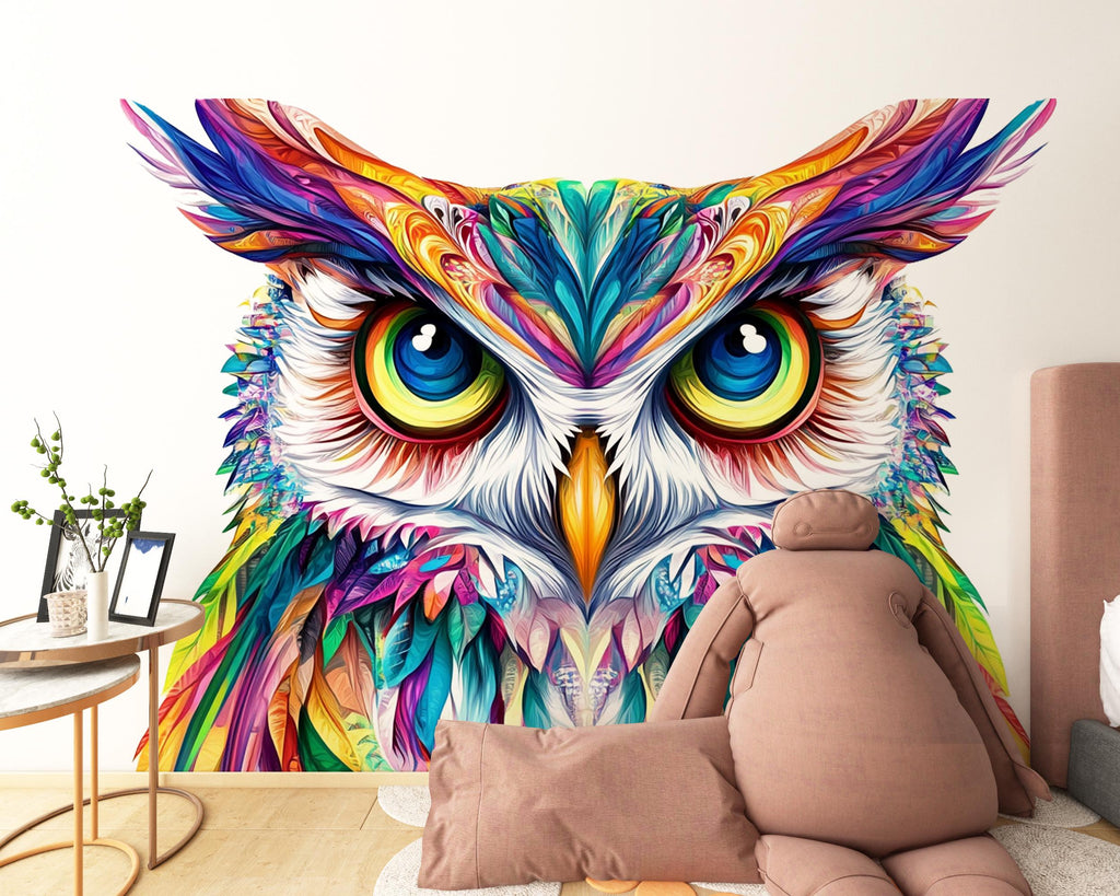 Colorful Owl Wall Decal, Owl Wall Sticker, Large Owl Wall Art, Kids Room Wall Decal, Nursery Animal Wall Decor, Boho Owl Mural, 038gm