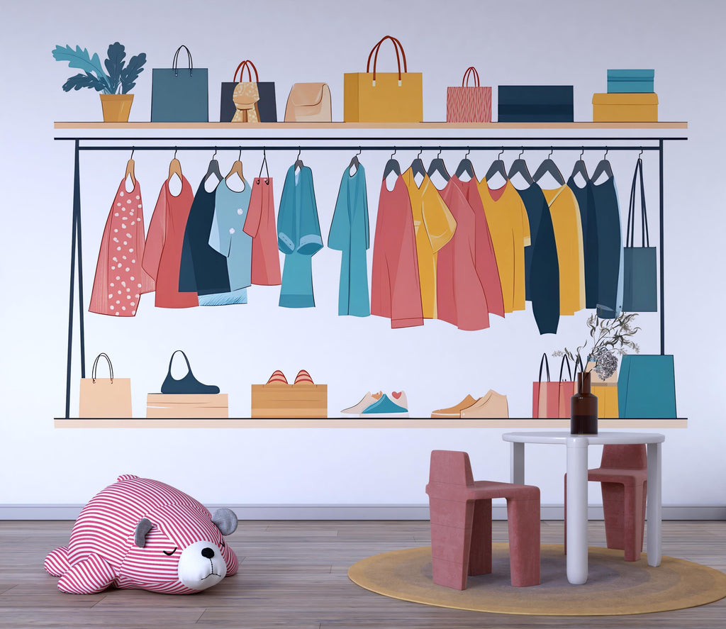 Kids Clothing Store Wall Decal, Fashion Shop Wall Sticker, Playroom Wall Decor, Kids Boutique Wall Art, Pretend Play Store Decal, 044gm