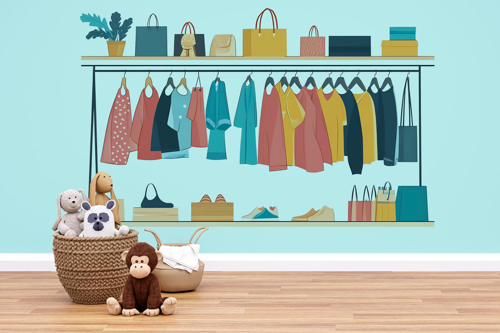 Kids Clothing Store Wall Decal, Fashion Shop Wall Sticker, Playroom Wall Decor, Kids Boutique Wall Art, Pretend Play Store Decal, 044gm