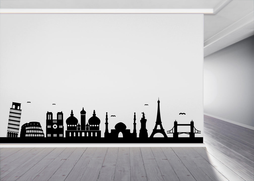 World Landmarks Skyline Wall Decal, Travel Agency Wall Decor, Eiffel Tower, Taj Mahal, Colosseum Silhouette Border Office Wall Sticker 766LU