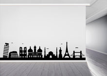 Load image into Gallery viewer, World Landmarks Skyline Wall Decal, Travel Agency Wall Decor, Eiffel Tower, Taj Mahal, Colosseum Silhouette Border Office Wall Sticker 766LU