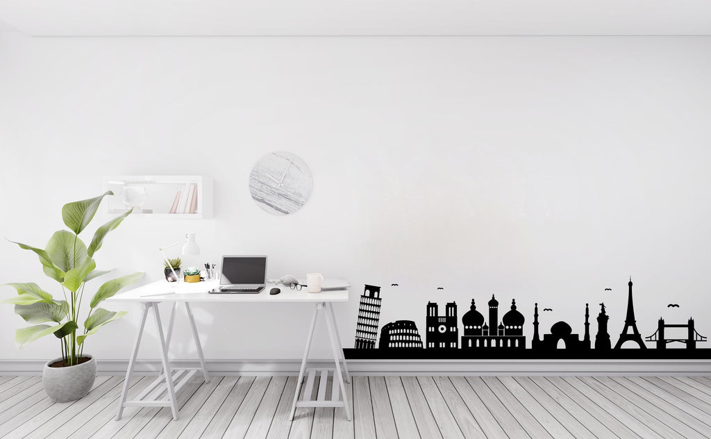 World Landmarks Skyline Wall Decal, Travel Agency Wall Decor, Eiffel Tower, Taj Mahal, Colosseum Silhouette Border Office Wall Sticker 766LU