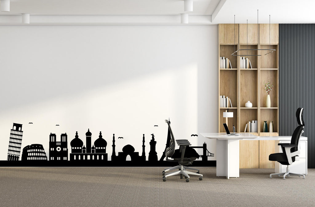 World Landmarks Skyline Wall Decal, Travel Agency Wall Decor, Eiffel Tower, Taj Mahal, Colosseum Silhouette Border Office Wall Sticker 766LU
