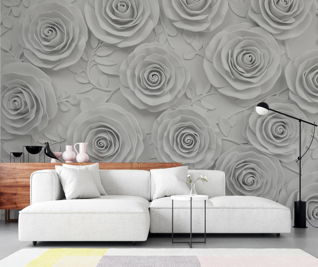 3D White Plaster Rose Wallpaper Sculpture – High Relief Floral Bas-Relief, Classical Romantic Wall Art, Luxury Monochrome Botanical Decor