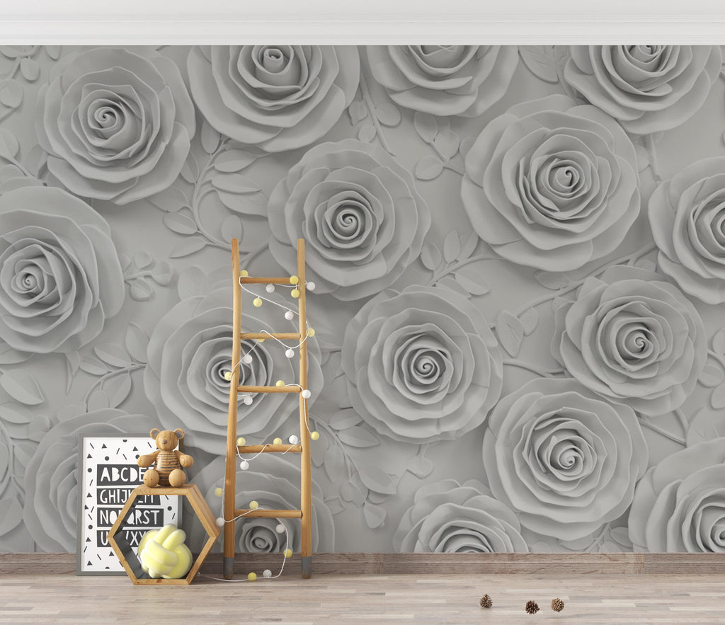 3D White Plaster Rose Wallpaper Sculpture – High Relief Floral Bas-Relief, Classical Romantic Wall Art, Luxury Monochrome Botanical Decor