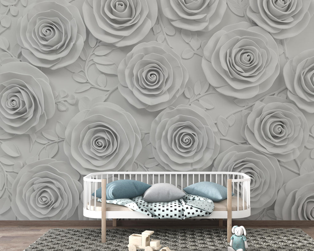 3D White Plaster Rose Wallpaper Sculpture – High Relief Floral Bas-Relief, Classical Romantic Wall Art, Luxury Monochrome Botanical Decor