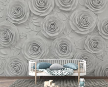 Load image into Gallery viewer, 3D White Plaster Rose Wallpaper Sculpture – High Relief Floral Bas-Relief, Classical Romantic Wall Art, Luxury Monochrome Botanical Decor