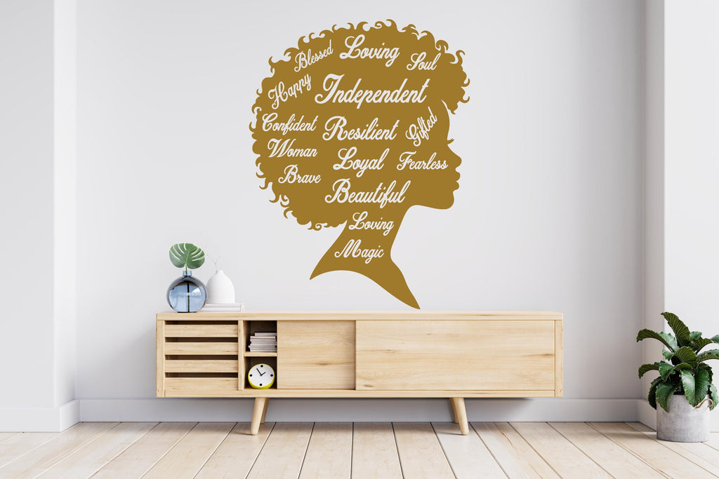 Afro Woman Wall Decal, Feminist Women wall Decor, Loved, Loyal,Soul, Independent, Brave