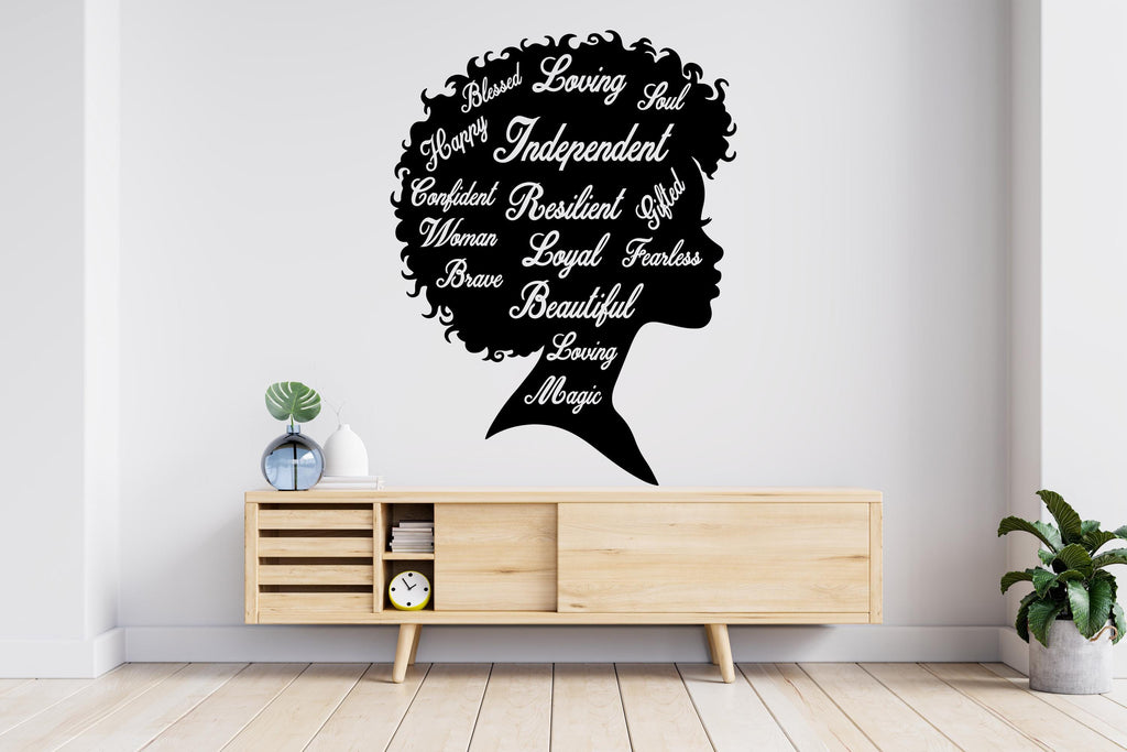 Afro Woman Wall Decal, Feminist Women wall Decor, Loved, Loyal,Soul, Independent, Brave