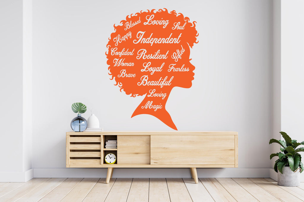 Afro Woman Wall Decal, Feminist Women wall Decor, Loved, Loyal,Soul, Independent, Brave