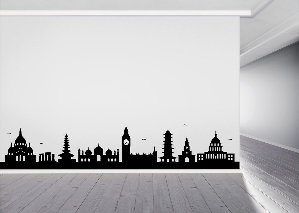 World Landmarks Skyline Wall Decal, Travel Agency Wall Decor, Travel World Cities Wall Sticker, Silhouette Border Office Wall Sticker 767LU