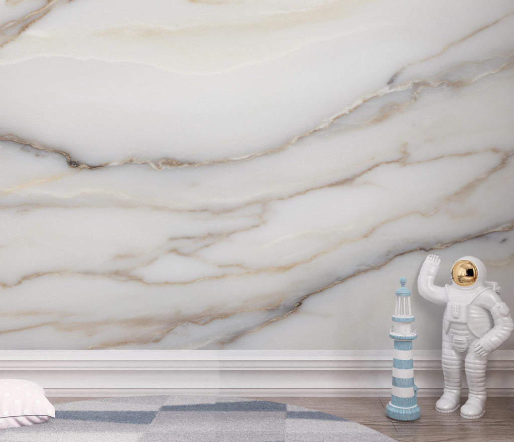 Luxury White Marble Wall Mural – Soft Gray Beige Veining – Elegant Large Scale Stone Effect – Timeless Neutral Statement