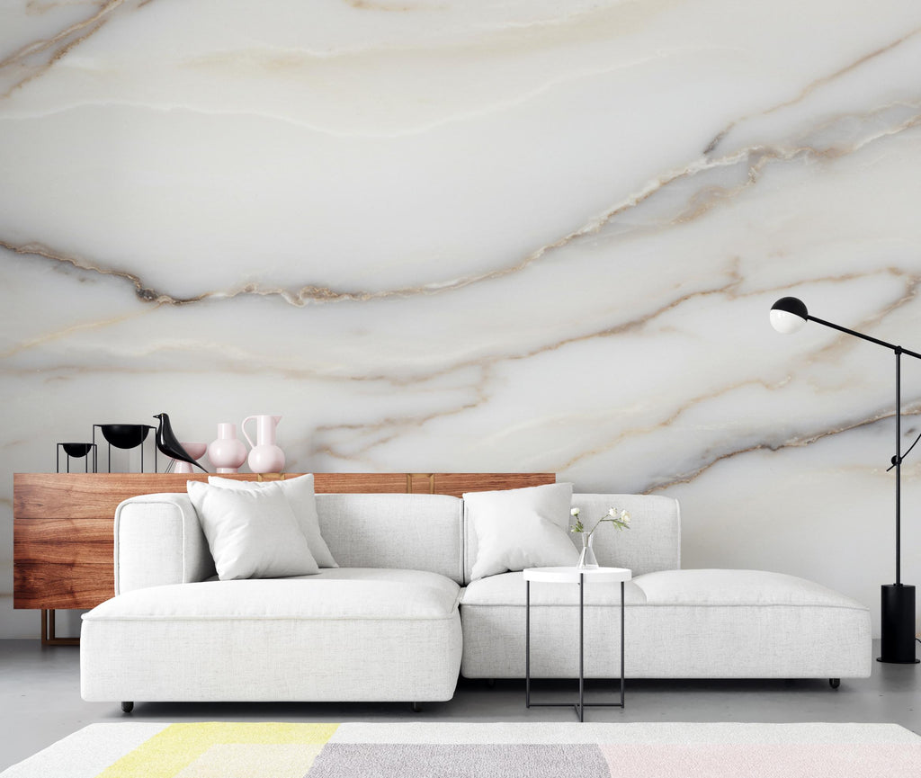 Luxury White Marble Wall Mural – Soft Gray Beige Veining – Elegant Large Scale Stone Effect – Timeless Neutral Statement