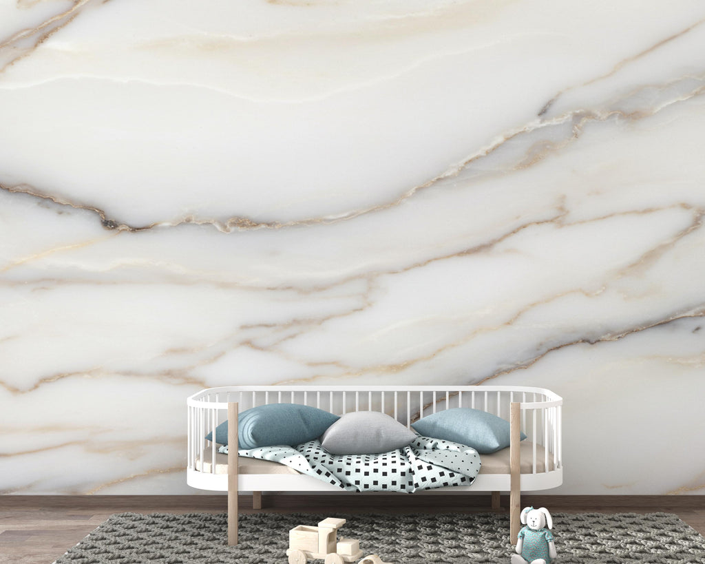 Luxury White Marble Wall Mural – Soft Gray Beige Veining – Elegant Large Scale Stone Effect – Timeless Neutral Statement