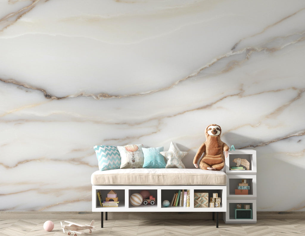 Luxury White Marble Wall Mural – Soft Gray Beige Veining – Elegant Large Scale Stone Effect – Timeless Neutral Statement