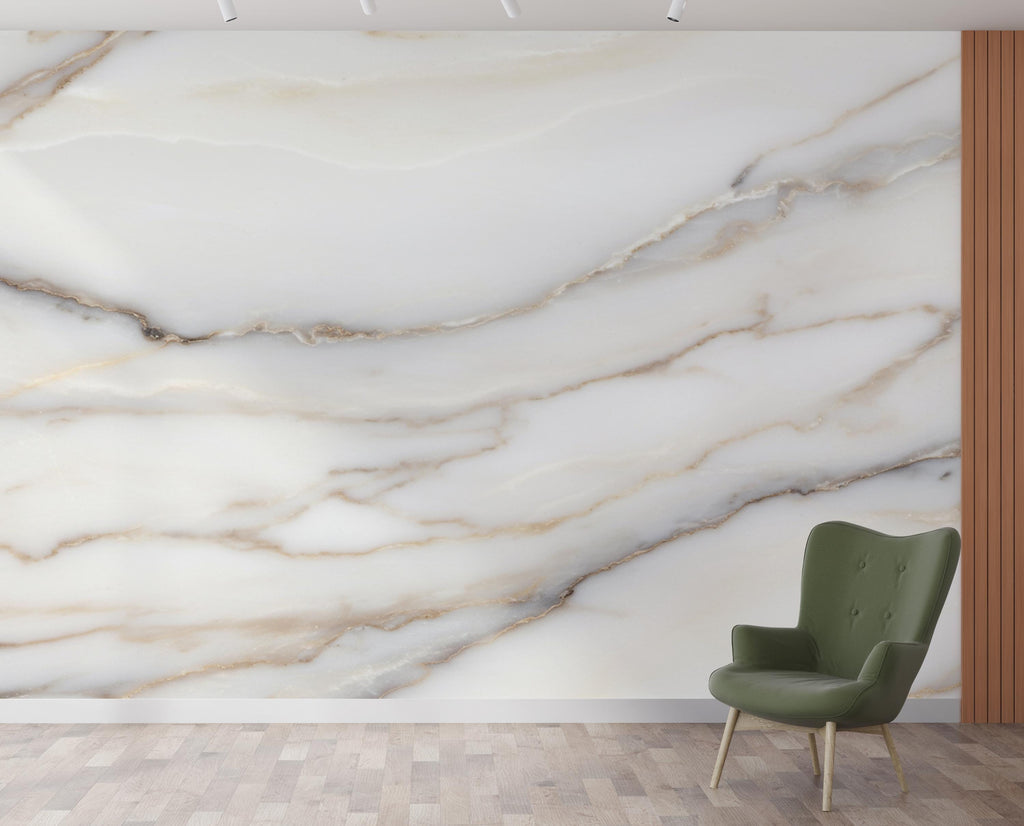 Luxury White Marble Wall Mural – Soft Gray Beige Veining – Elegant Large Scale Stone Effect – Timeless Neutral Statement