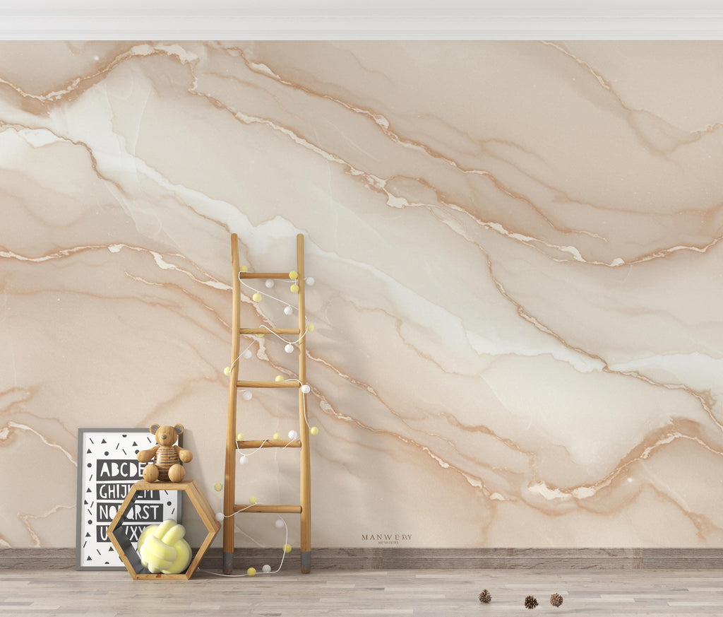 Elegant Neutral Marble Wallpaper – Blush Beige & Ivory Veining – Soft Watercolor Stone Effect