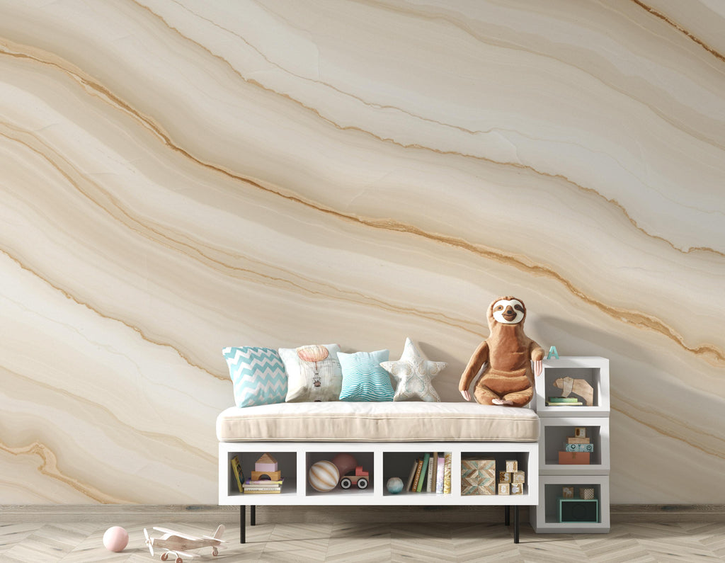 Luxury Neutral Marble Wallpaper – Soft Ivory & Warm Beige Veining – Watercolor Stone Texture – Elegant Calm Wall Design