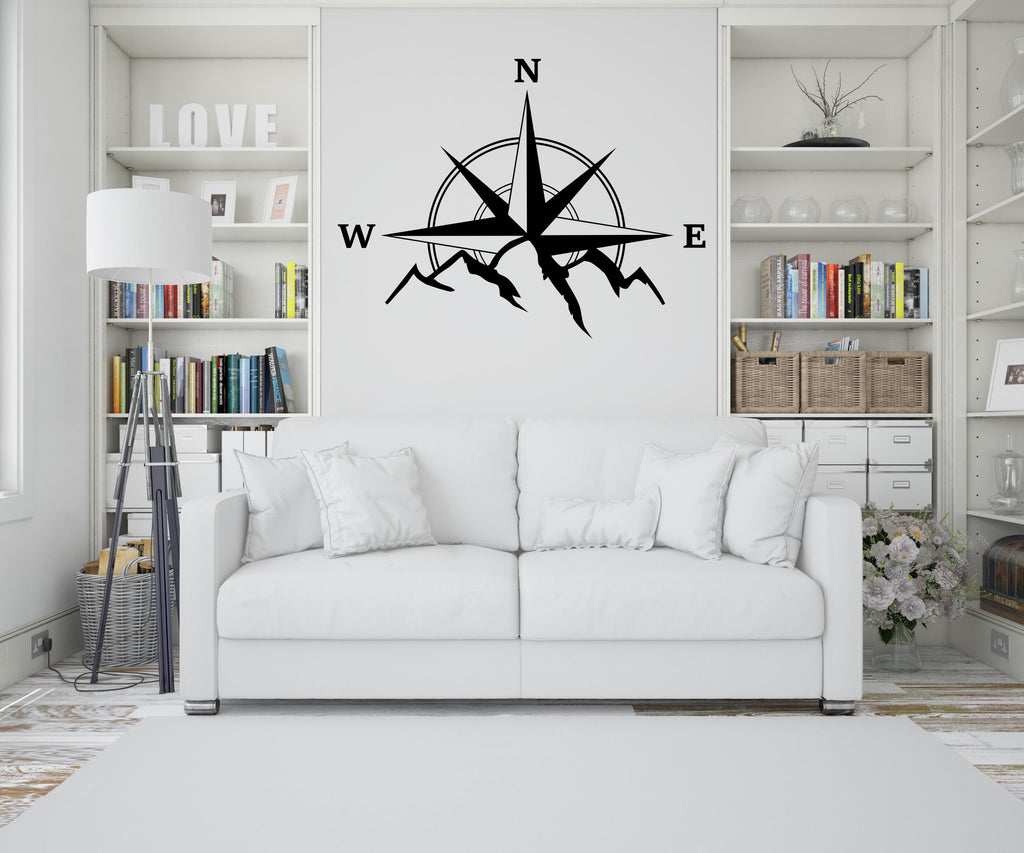 Compass Rose Mountain Wall Decal | Adventure Wall Art | Nautical Compass Decor | Travel & Explorer Room Design, Removable Vinyl Decal 751LU