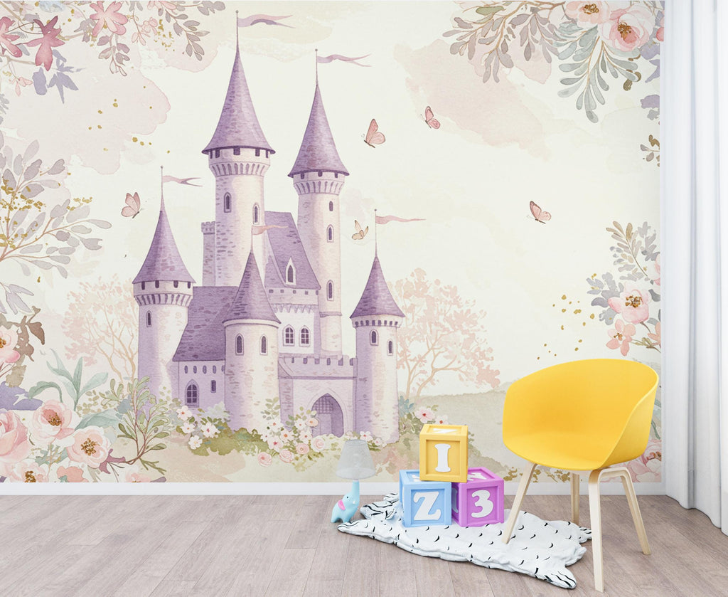 Luxury Fairytale Castle Wallpaper – Feminine Pastel Princess Wall Mural, Lavender Medieval Castle, Watercolor Floral Pattern