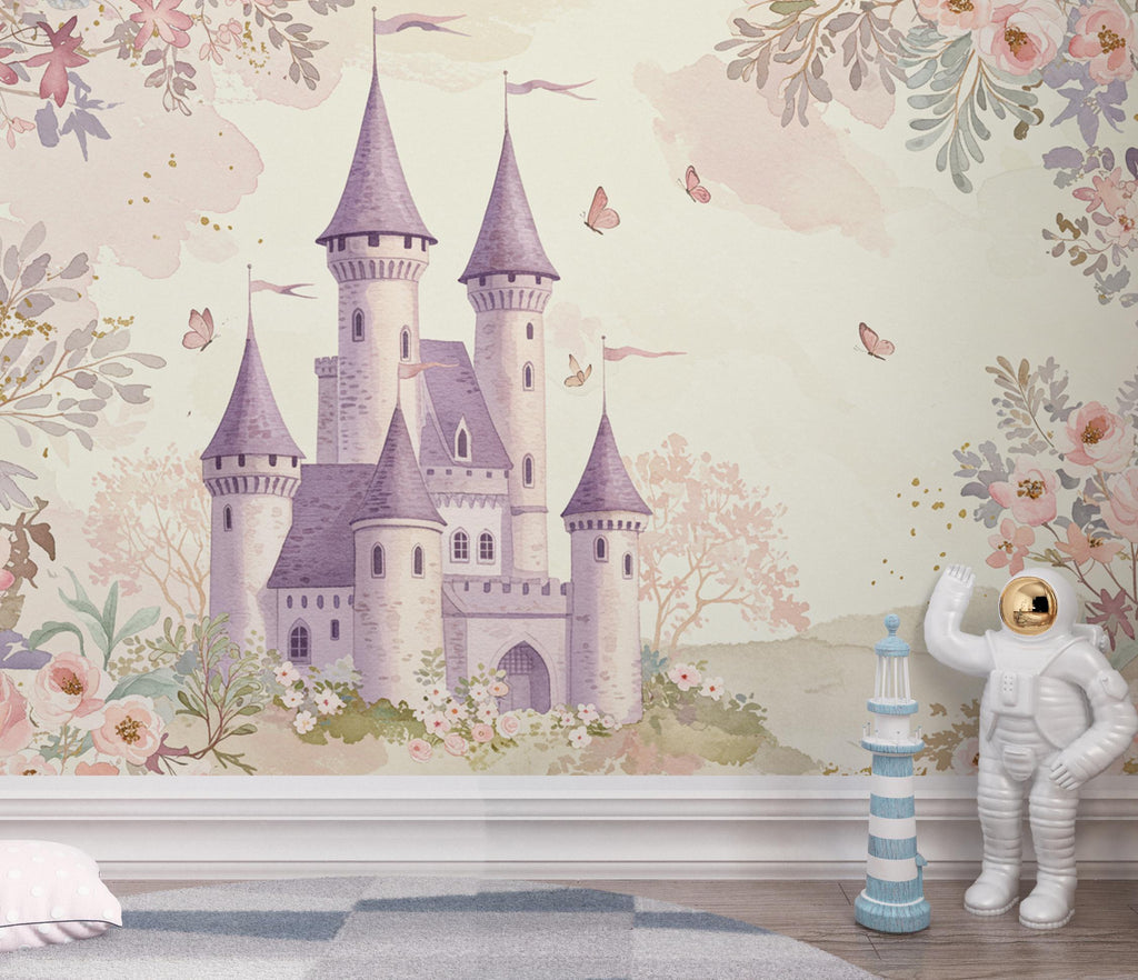 Luxury Fairytale Castle Wallpaper – Feminine Pastel Princess Wall Mural, Lavender Medieval Castle, Watercolor Floral Pattern