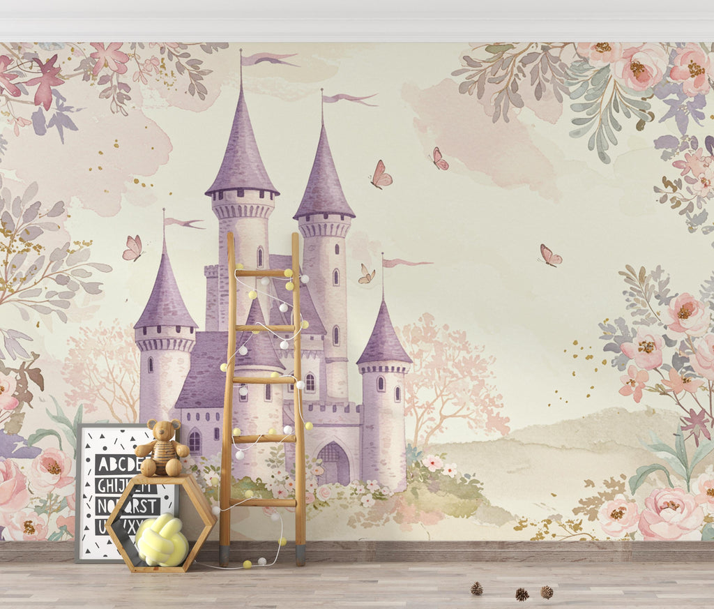 Luxury Fairytale Castle Wallpaper – Feminine Pastel Princess Wall Mural, Lavender Medieval Castle, Watercolor Floral Pattern
