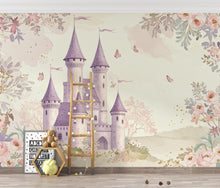 Load image into Gallery viewer, Luxury Fairytale Castle Wallpaper – Feminine Pastel Princess Wall Mural, Lavender Medieval Castle, Watercolor Floral Pattern