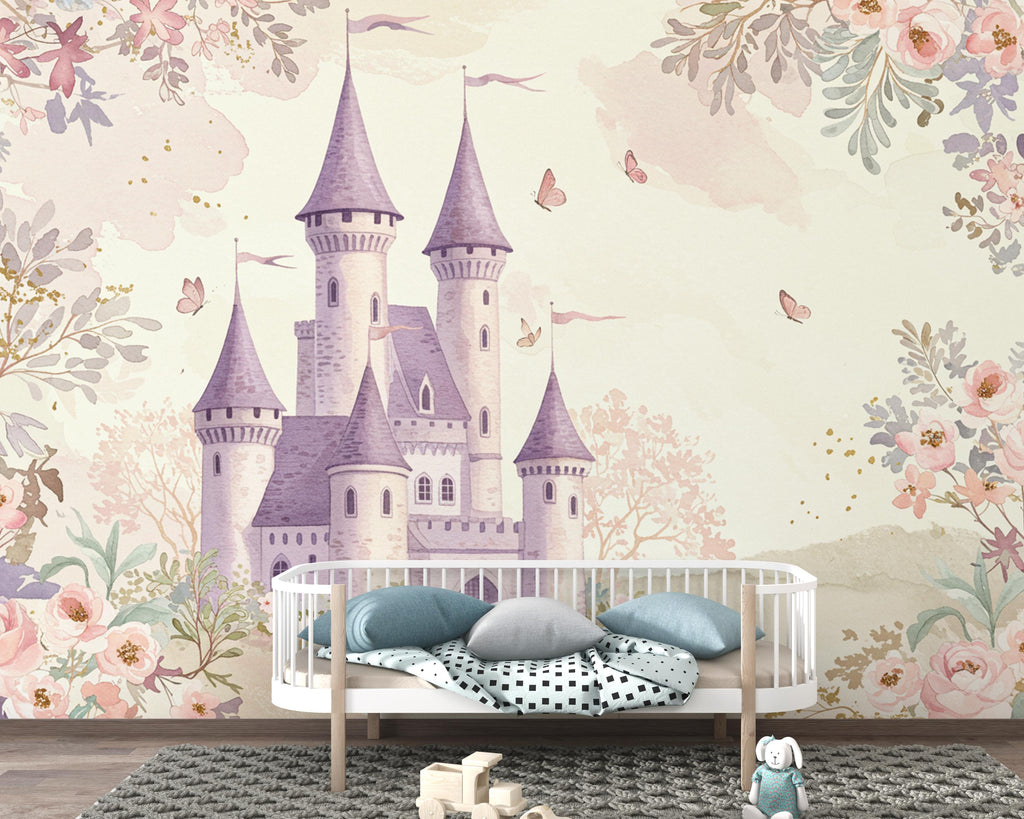 Luxury Fairytale Castle Wallpaper – Feminine Pastel Princess Wall Mural, Lavender Medieval Castle, Watercolor Floral Pattern