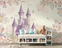 Load image into Gallery viewer, Luxury Fairytale Castle Wallpaper – Feminine Pastel Princess Wall Mural, Lavender Medieval Castle, Watercolor Floral Pattern
