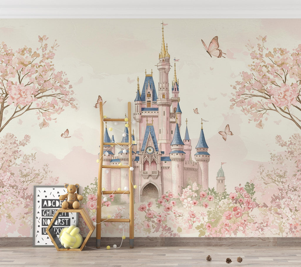 Luxury Fairytale Castle Wallpaper – Feminine Pastel Princess Wall Mural, Watercolor Medieval Castle, Blush & Cream