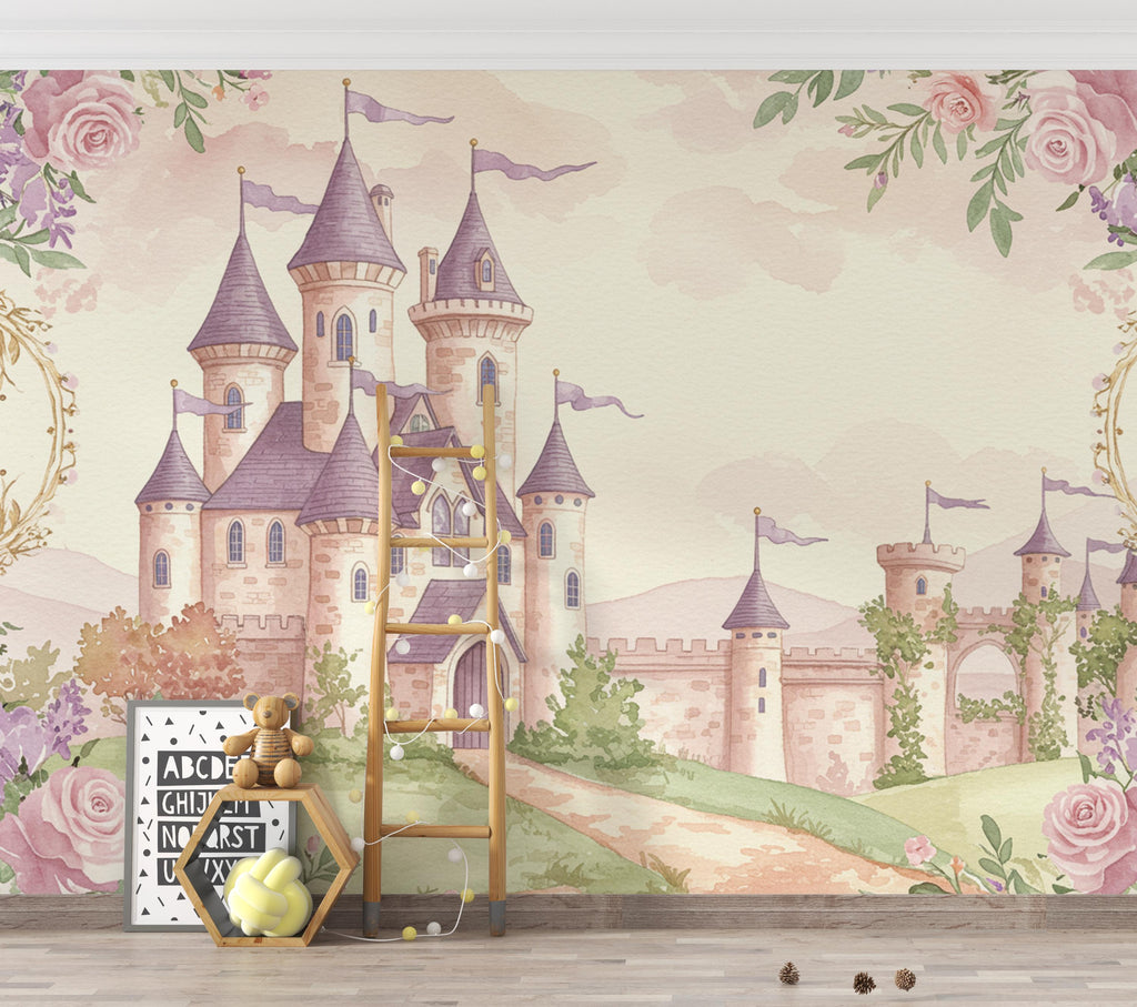 Luxury Fairytale Castle Wallpaper – Princess Wall Mural, Pastel Watercolor Castle