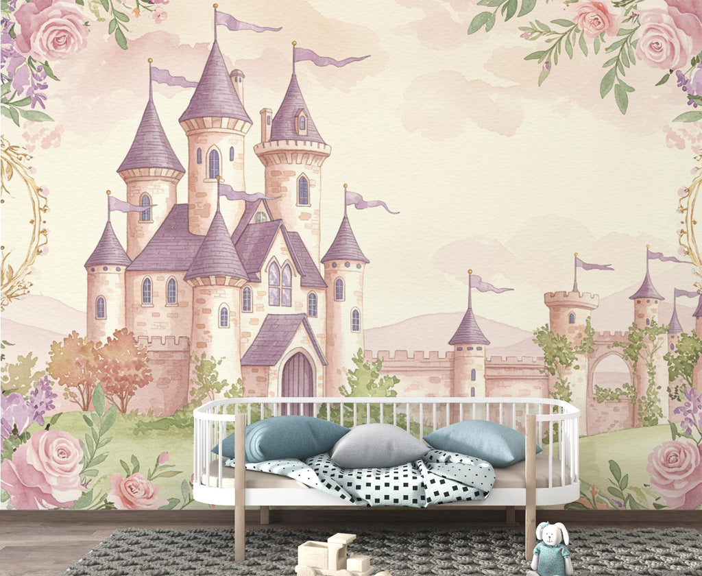 Luxury Fairytale Castle Wallpaper – Princess Wall Mural, Pastel Watercolor Castle