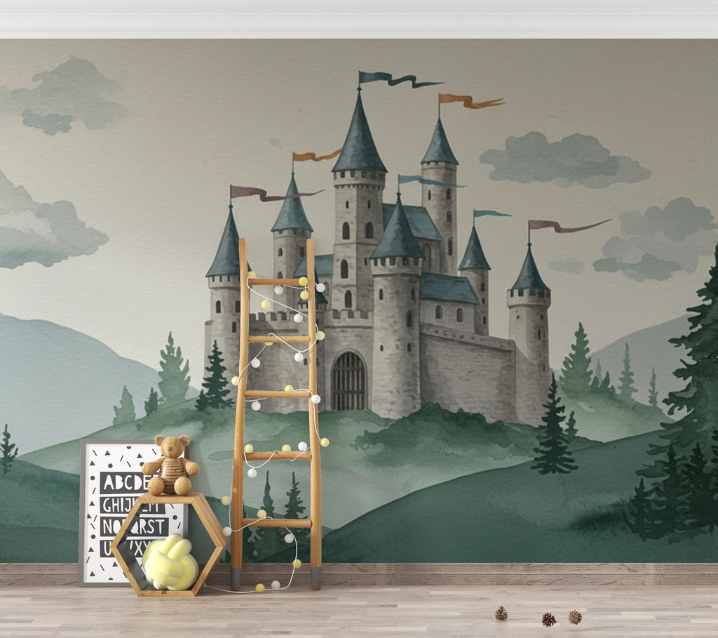 Castle Wallpaper Mural for Boys Room – Fairytale Stone Castle, Watercolor Storybook Wall Decor