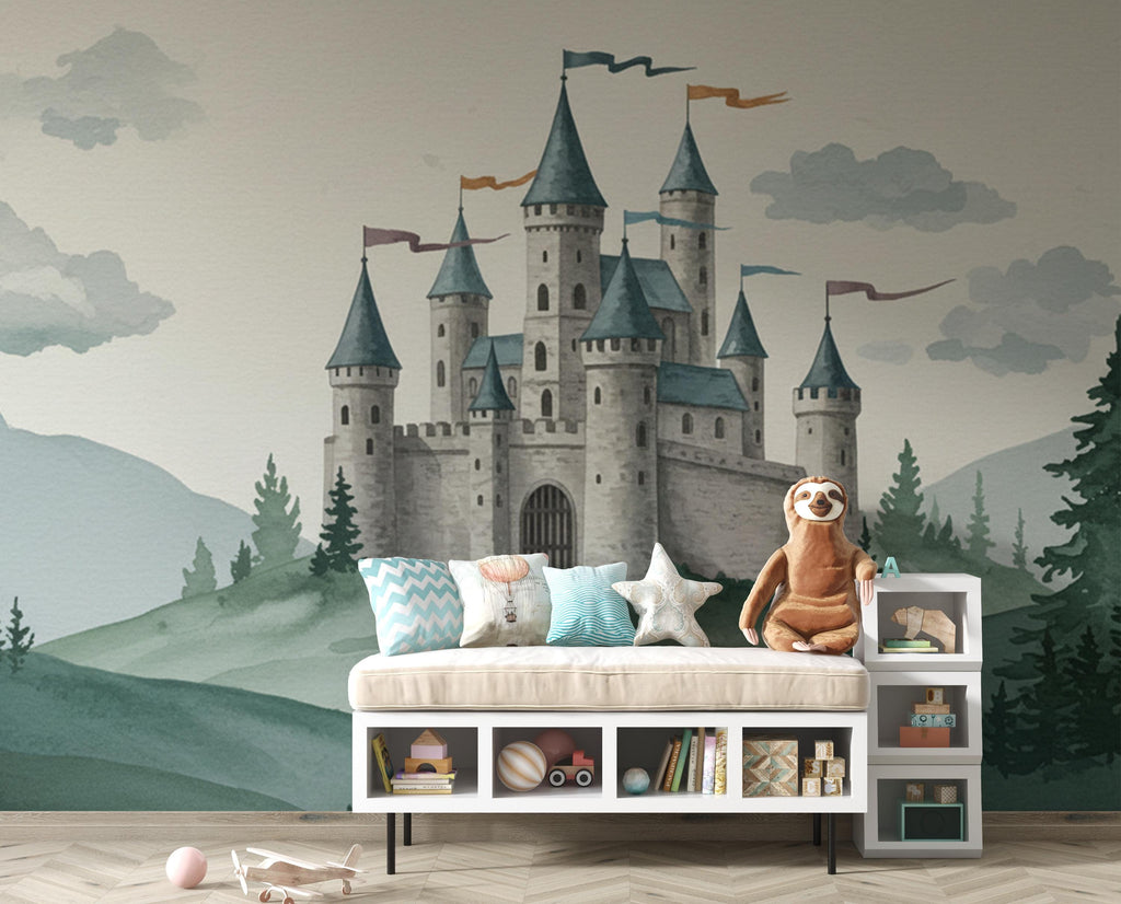 Castle Wallpaper Mural for Boys Room – Fairytale Stone Castle, Watercolor Storybook Wall Decor