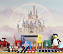 Load image into Gallery viewer, Rainbow Fairytale Castle Wallpaper – Princess Wall Mural, Watercolor Medieval Castle Peel and Stick