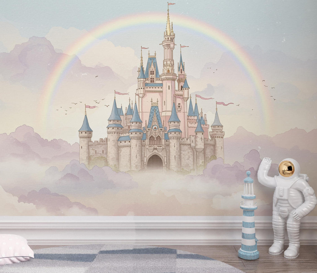 Rainbow Fairytale Castle Wallpaper – Princess Wall Mural, Watercolor Medieval Castle Peel and Stick