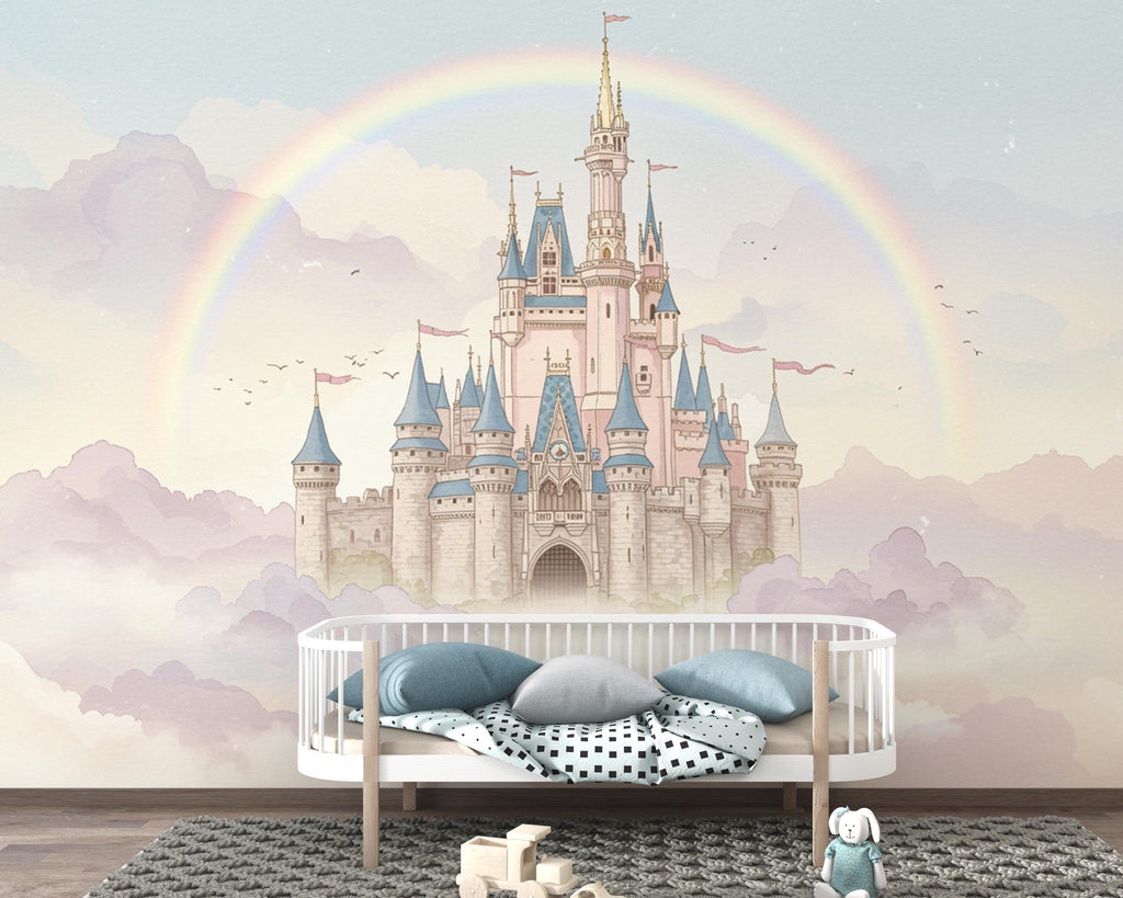 Rainbow Fairytale Castle Wallpaper – Princess Wall Mural, Watercolor Medieval Castle Peel and Stick