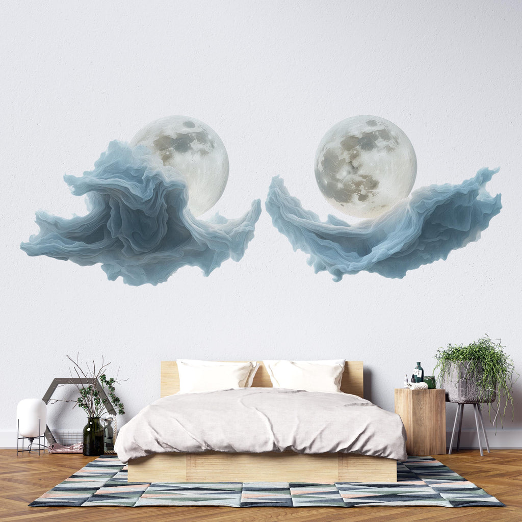 Blue Moon Cloud Wall Decal Sticker | Dreamy Celestial Wall Art | Abstract Moon Wall Decor | Modern Bedroom Wall Mural | Peel And Stick Wall