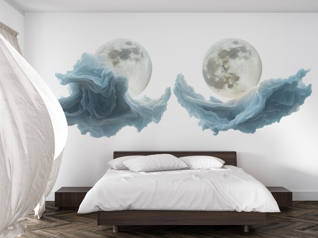 Blue Moon Cloud Wall Decal Sticker | Dreamy Celestial Wall Art | Abstract Moon Wall Decor | Modern Bedroom Wall Mural | Peel And Stick Wall