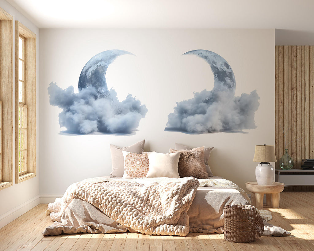 Moon Cloud Wall Decal Sticker | Large Celestial Moon Wall Art | Dreamy Bedroom Wall Decor | Nursery Moon Wall Mural | Peel And Stick sky