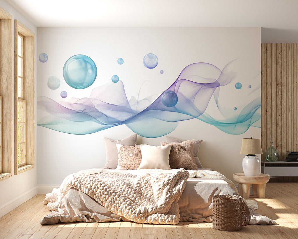 Abstract Wave Bubble Wall Decal | Modern Blue Purple Flow Wall Sticker | Minimalist Bedroom Wall Art | Contemporary Peel And Stick Mural