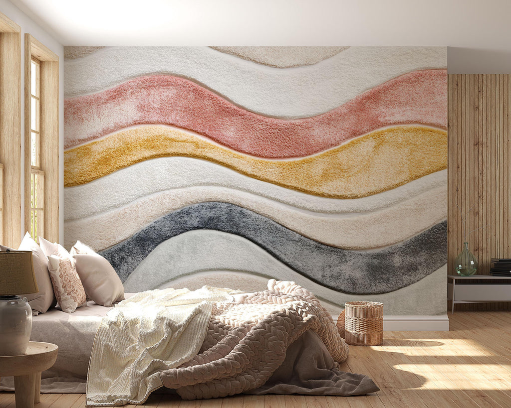 Colorful Textured Wave Wallpaper Wall Decal 3D Plush Effect Mural Neutral Boho Accent Wall Art Modern Bedroom Decor Soft Sculpted Wallpaper